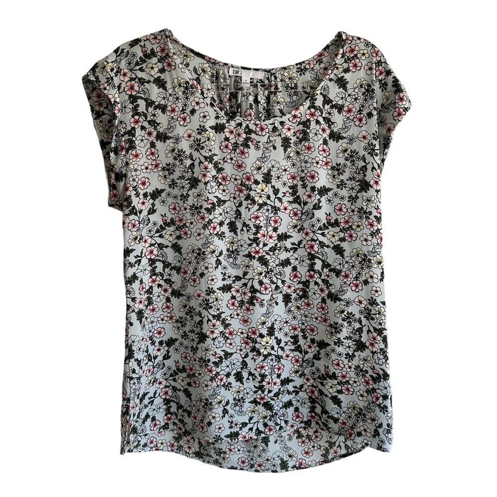 EUC DR2 medium top blouse blue floral print cap sleeve